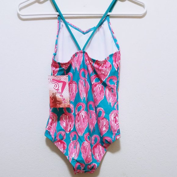 NEW Girls SZ14 One Piece Flamingo Bathing Suit Turquoise - Picture 4 of 10
